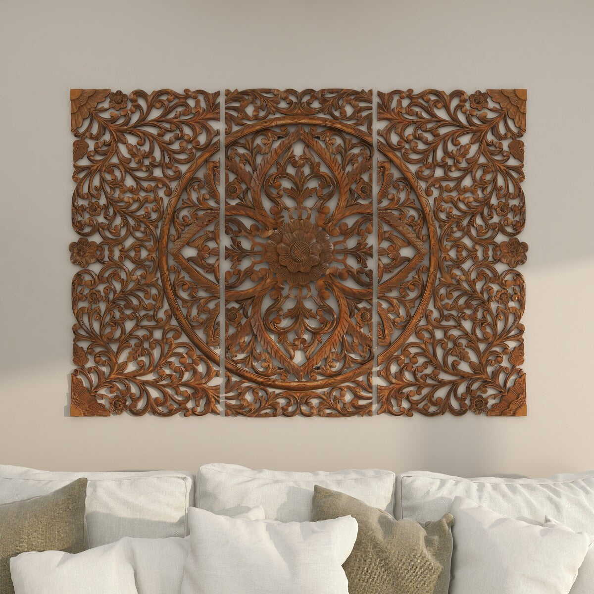 Wooden Floral Handmade Intricately Carved Home Wall Decor - Set of 3 Brown - Roche River Decor