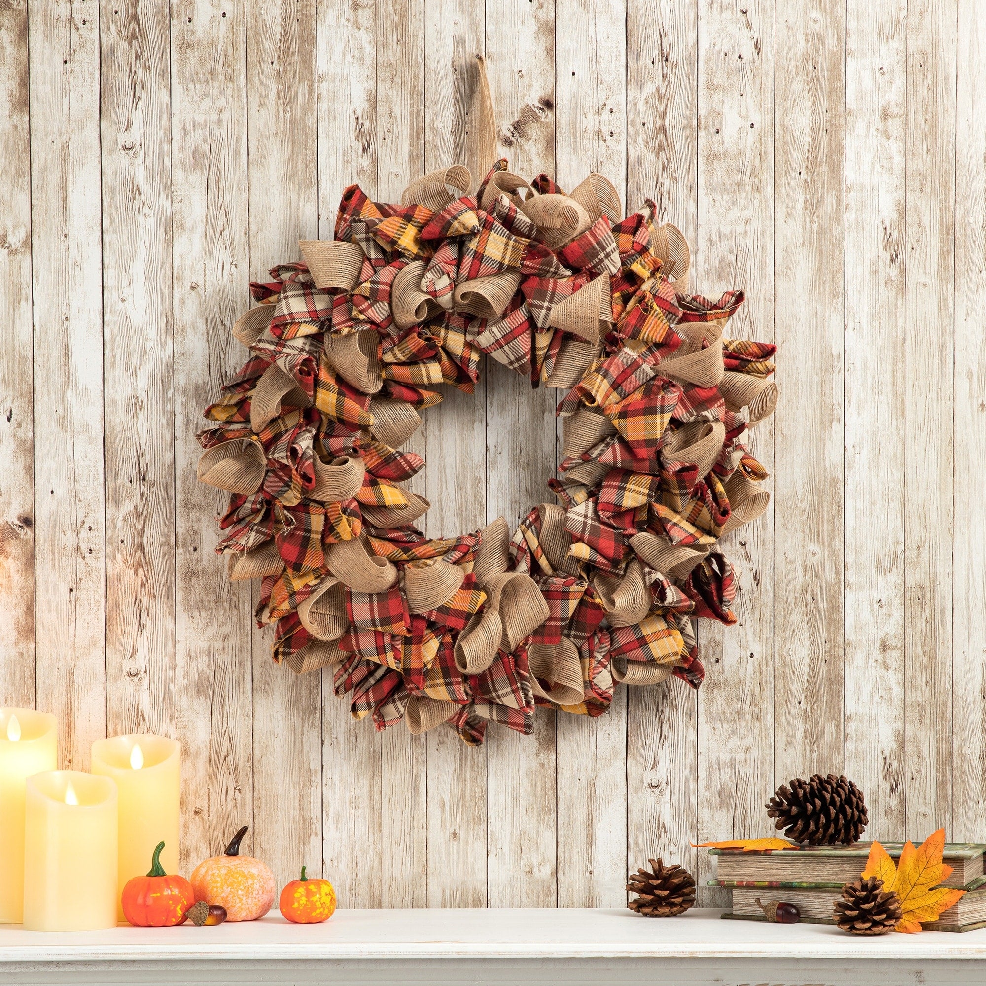 Glitzhome Fall Fabric Plaid Wreath or Garland Thanksgiving Party Decor