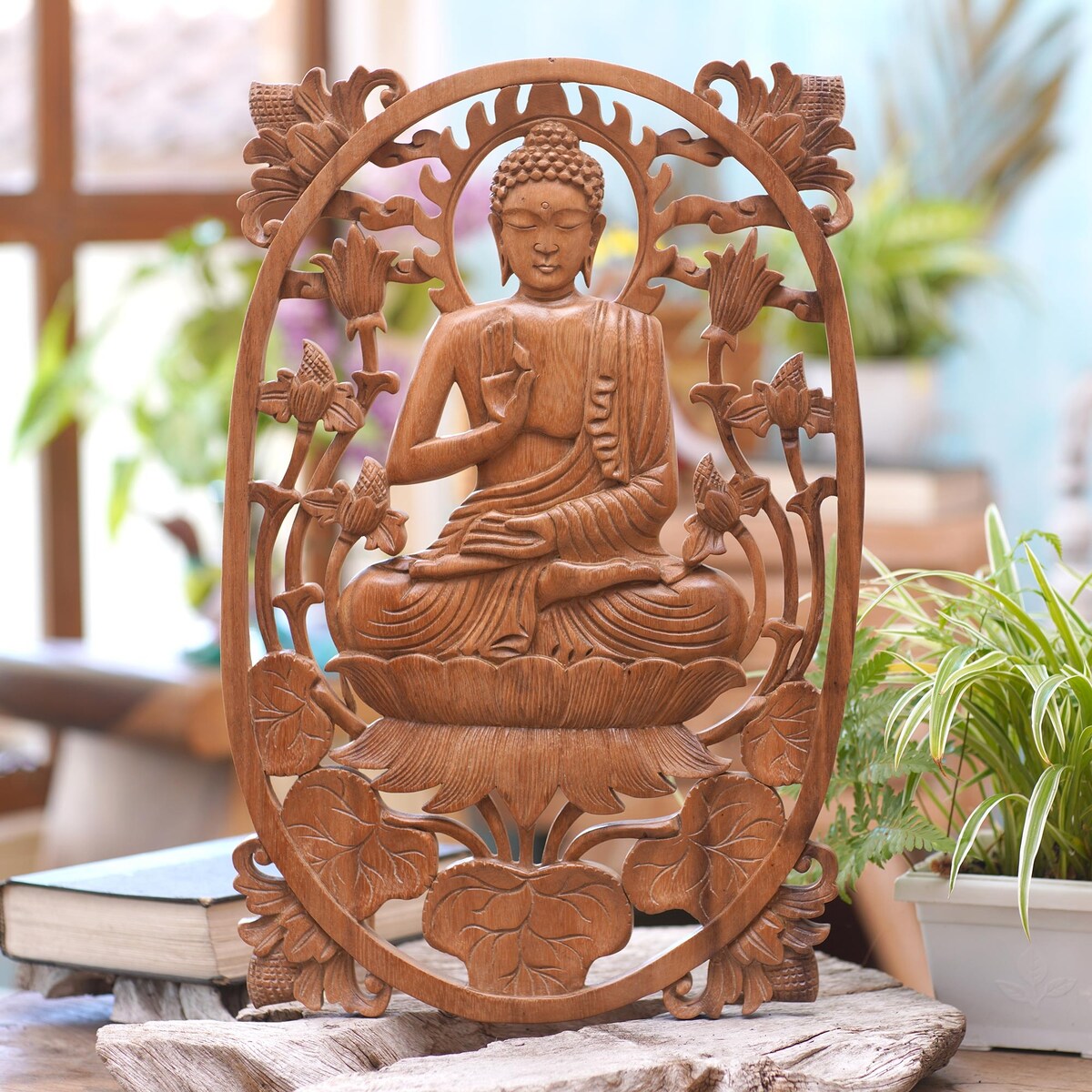 Novica Handmade Meditating Buddha Wood Relief Panel