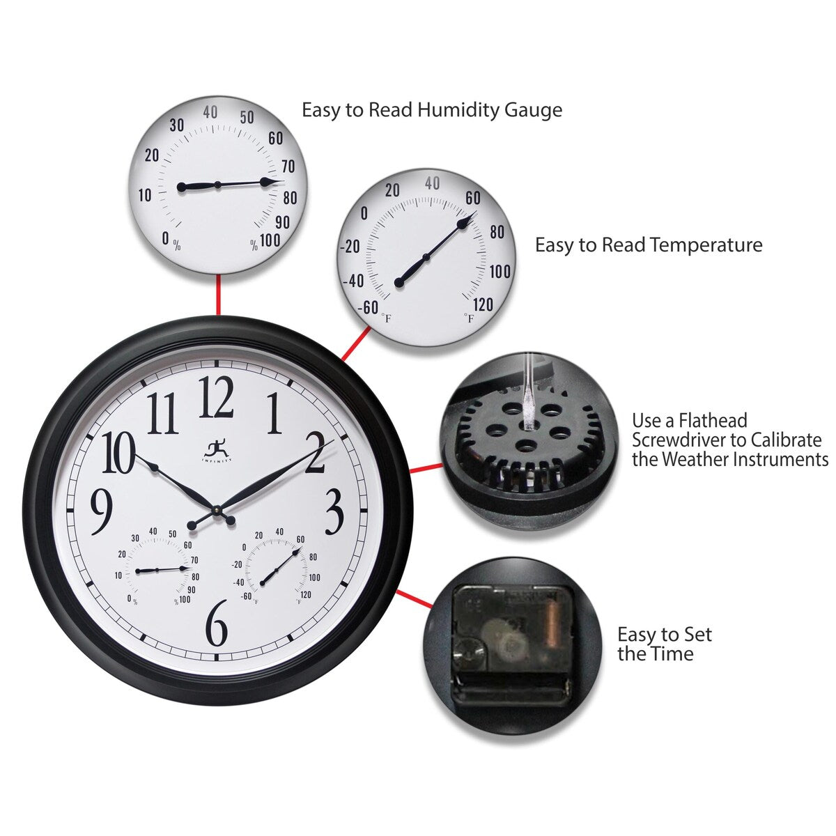 Classic Outdoor Large 24-inch Easy Read Black Outdoor Wall Clock with Temperature Humidity - 24 x 2.5 x 24