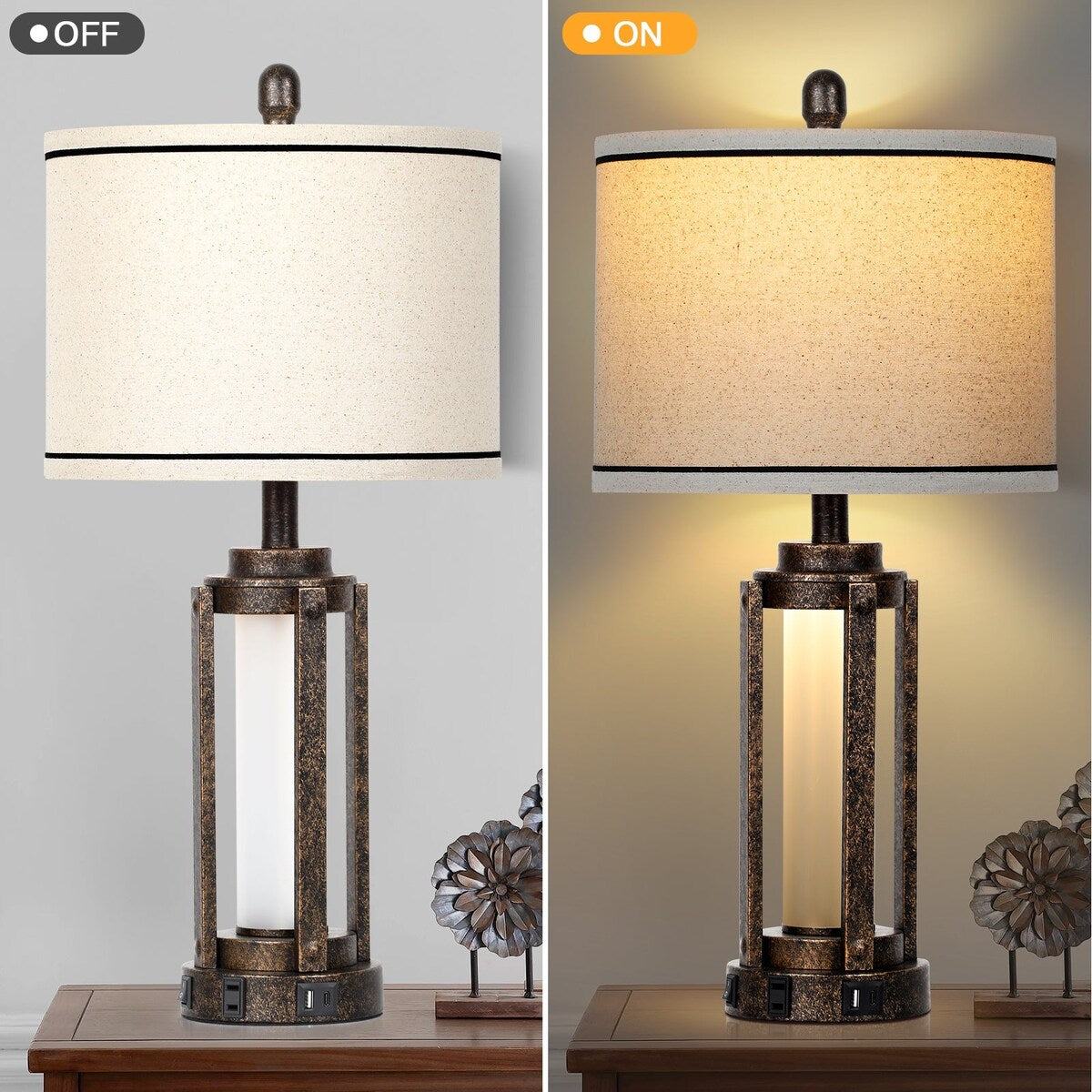 Table Lamps Metal Black Gold Matte Glass Roman-Cylinder Nightlight 2in1 (Set of 2) - 12'' x 12'' x 25'' (L x W x H)