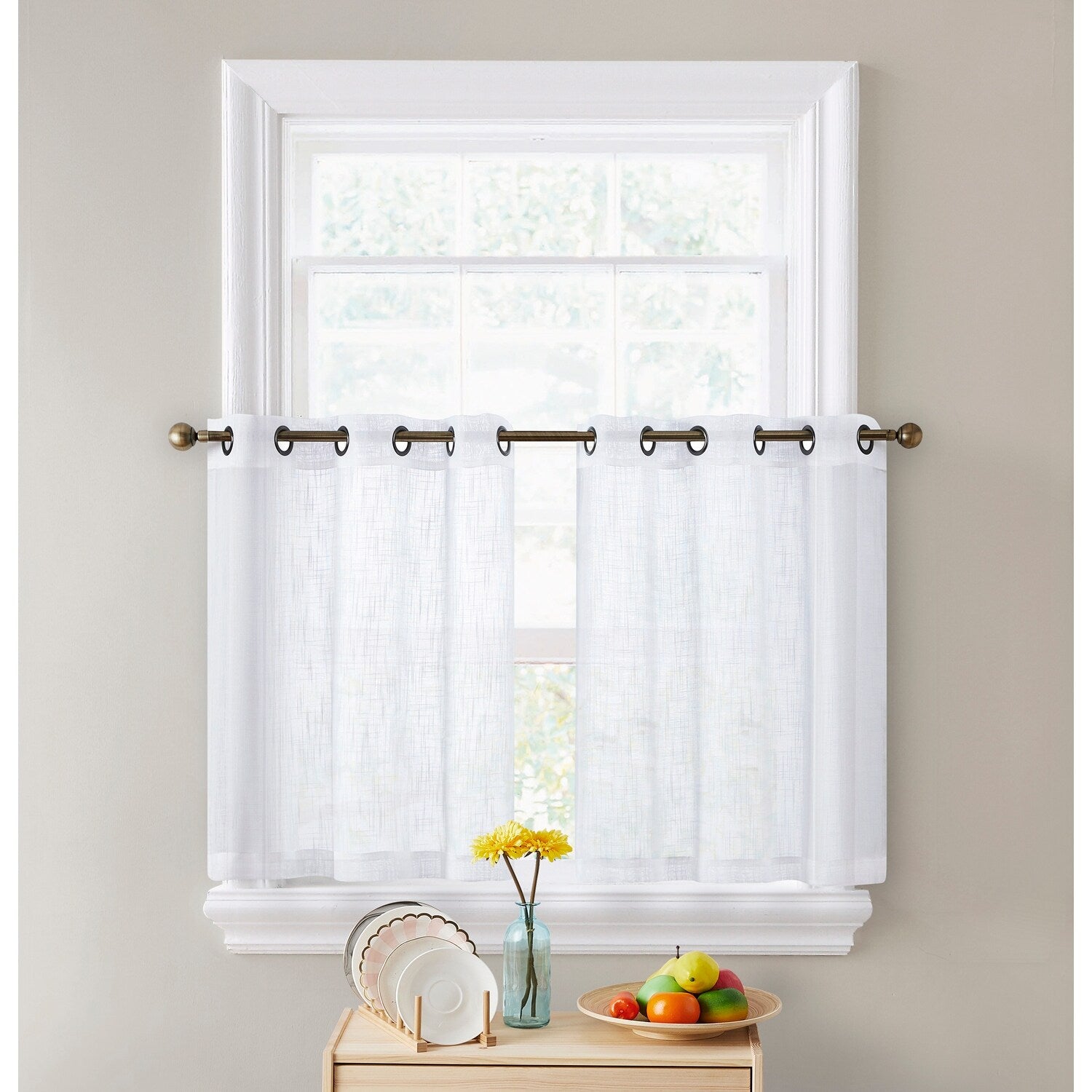 HLC.me Abbey Faux Linen Textured Semi Sheer Grommet Curtain Tiers Valance Small Windows, Bedroom & Bathroom