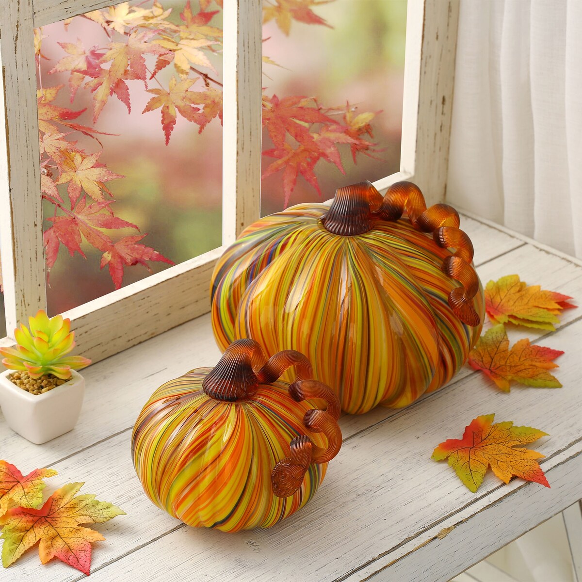 Glitzhome Fall Harvest Multi Striped Handblown Glass Pumpkins for Thanksgiving Decor