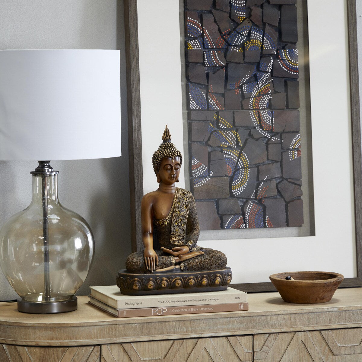 Polystone Buddha Meditating Decorative Sculpture with Engraved Carvings and Relief Detailing - Brown - Roche River Decor