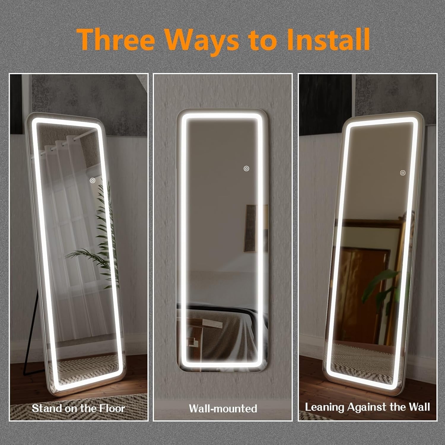 Floor Mirror with LED Light, 64 x 21 Full Length Mirror with Stand, Hanging Mirror Wall Mounted Mirror Full Body Mirror