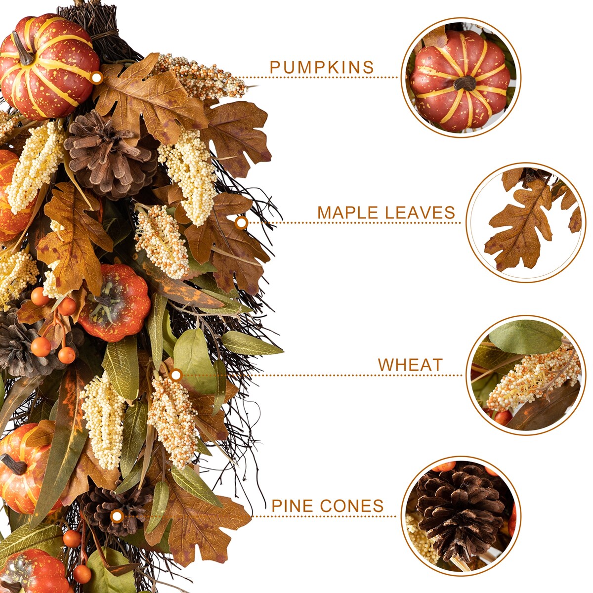 Glitzhome Fall Pumpkin Leaf Pine Cones Floral Swag Wreath