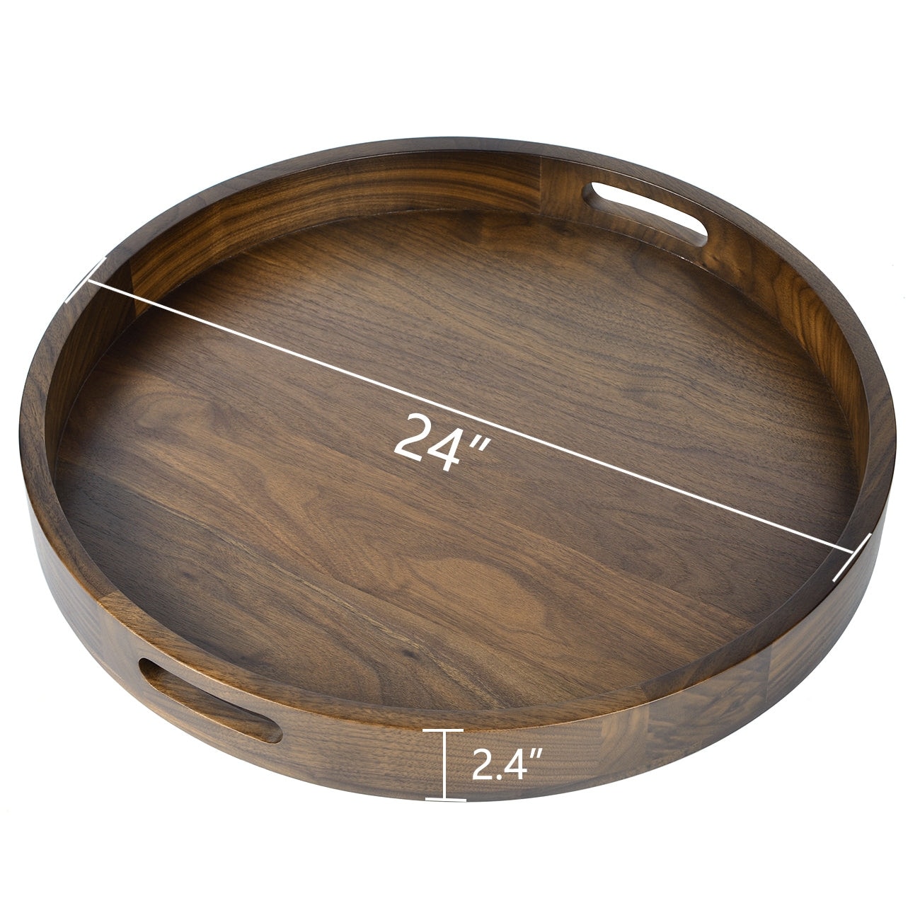 Round Black Walnut Wood Serving Tray Ottoman Tray with Handles