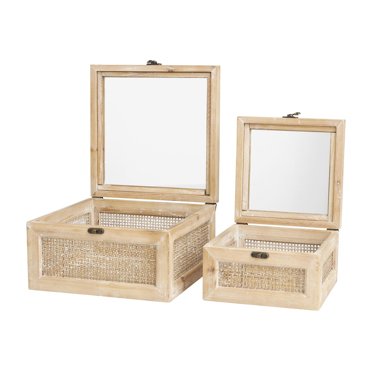 Wood Glass Top Decorative Box with Rattan Side Panels and Bronze Hook Closures - Set of 2 Light Brown - The Novogratz