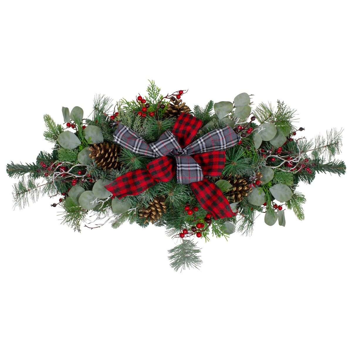 36 Dual Plaid Bows and Red Berries Artificial Christmas Swag - Unlit