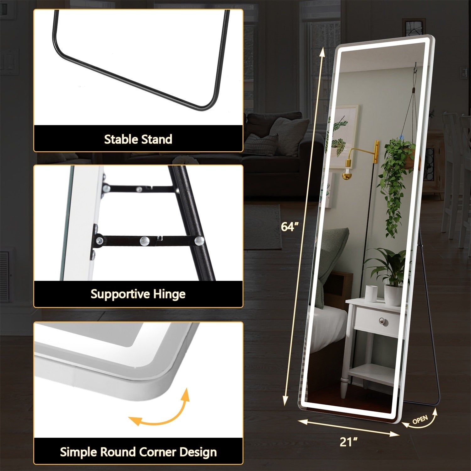 Floor Mirror with LED Light, Full Length Mirror with Stand, Hanging Mirror Wall Mounted Mirror, Full Body Mirror for Living Room