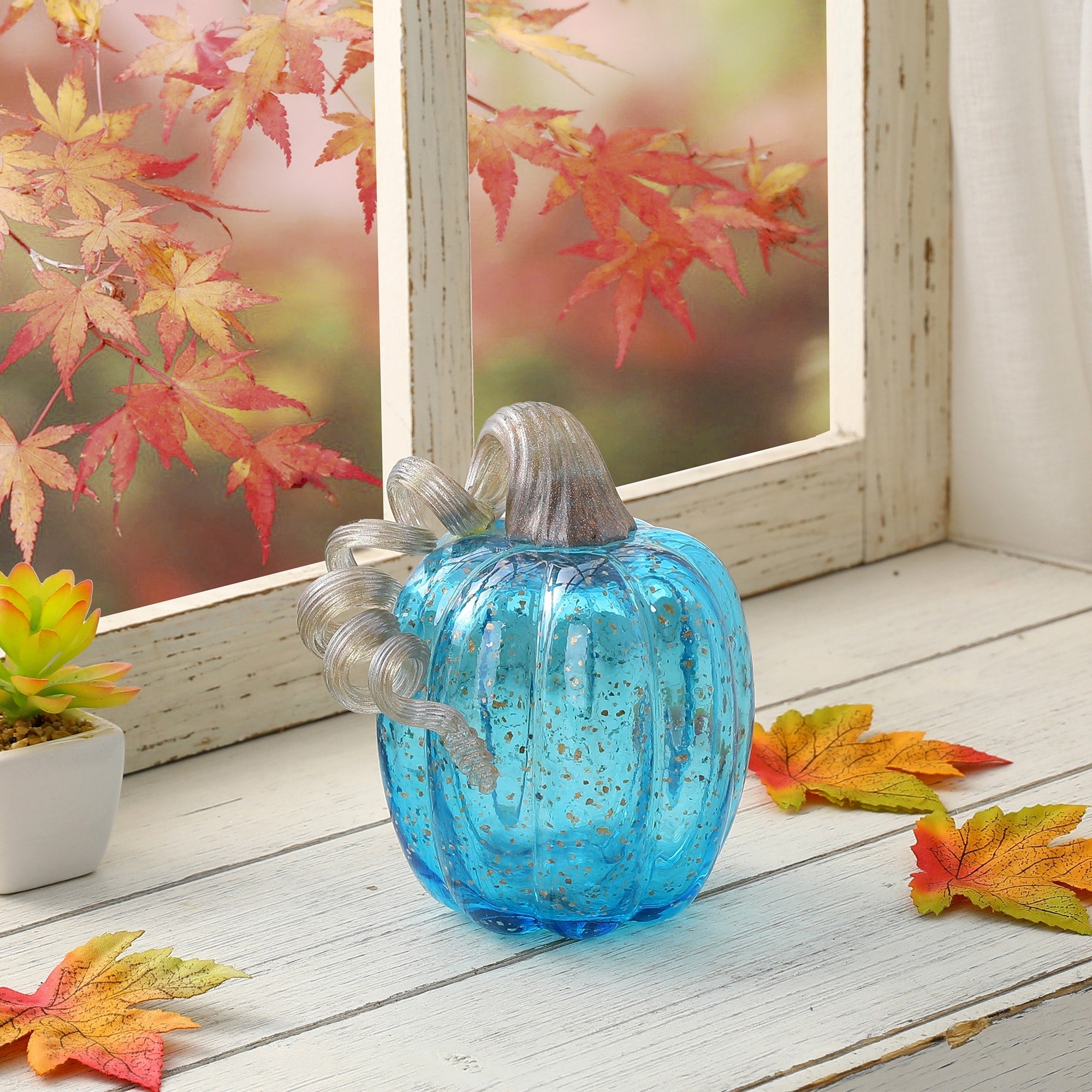 Glitzhome Hand Blown Blue Glass Pumpkin Thanksgiving Table Decor Christmas Gifts