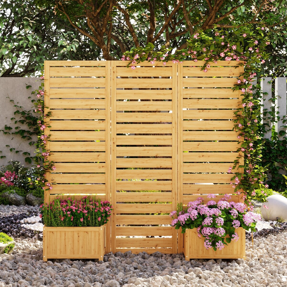 Cedar Tri-Fold Privacy Screen with 4 Planter Boxes, Weather-Resistant