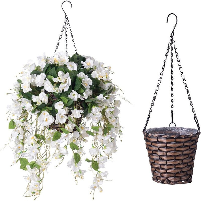 Artificial Faux Hanging Flowers Plants Baskets for Spring Outdoor Outside Decoration, Fake White Silk Long Stems Vines Hibiscus