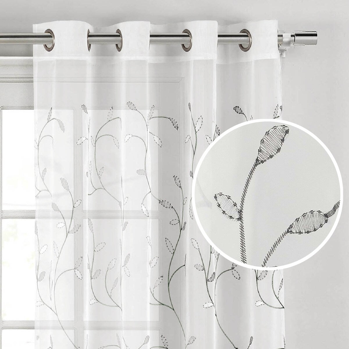 Wavy Leaves Embroidered Sheer Extra Wide Window Curtain (Single Panel)