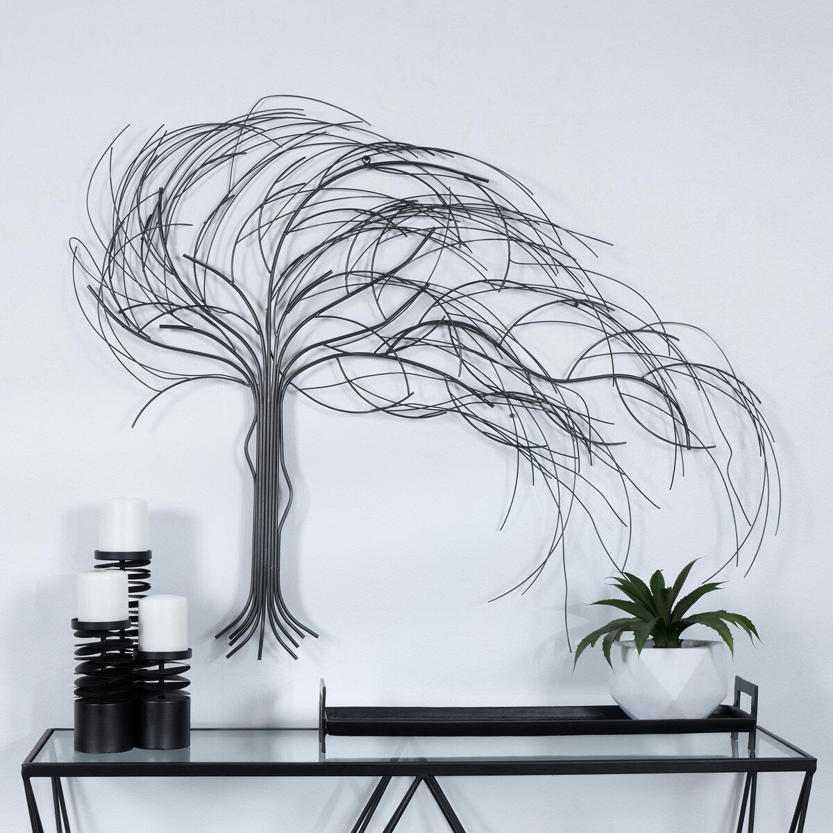 Metal Tree Indoor Outdoor Home Wall Decor with Long Branch - Silver - Roche River Decor