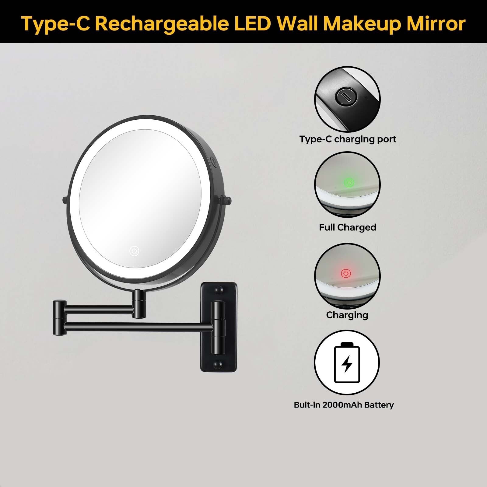 8 Round Wall Mount Bathroom Makeup Mirror, Rechargeable, Magnification 1x/10x, 3 Color Lights