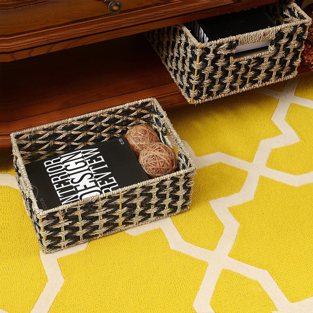 Villacera Rectangle Hand Weaved Wicker Baskets Natural Seagrass Bins Set of 2