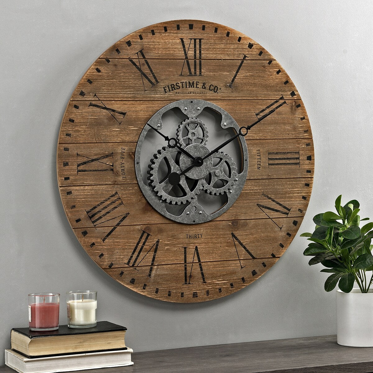 FirsTime & Co. Shiplap Steampunk Farmhouse Wall Clock