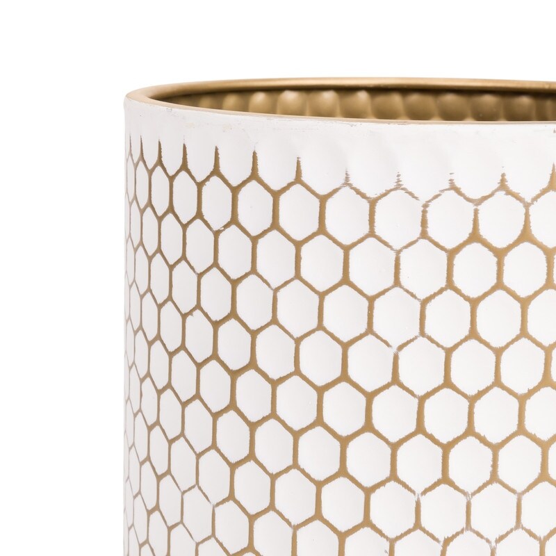 Honeycomb White & Gold Indoor Metal Pot Planter With Loki Gold Planter Base Set - 12H x 9.5W x 9.5D