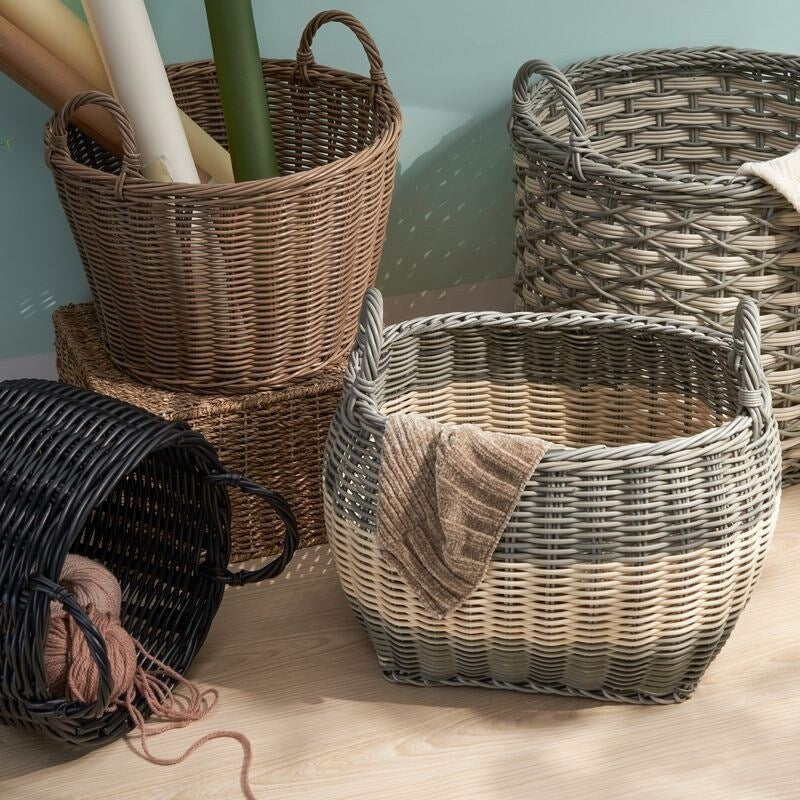 Zita Oval Resin Woven Wicker Multi-Use Storage Basket with Handles - 18 x 15 x 15 - White-Gray - 18 x 15 x 15