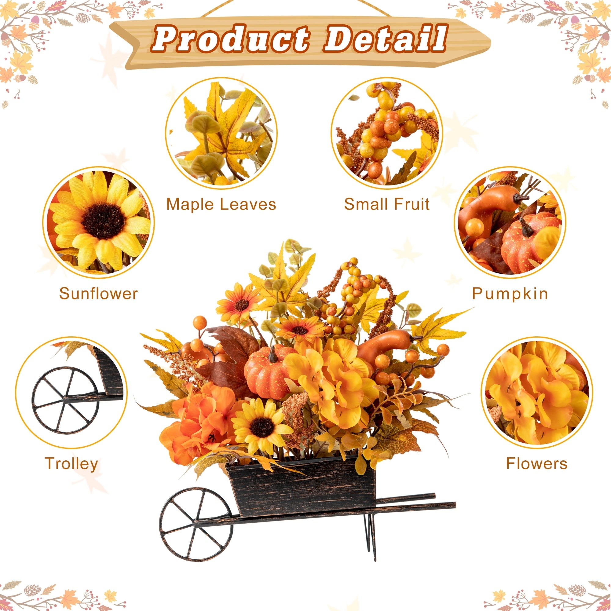 Glitzhome 14L Fall Unique Floral Cart Centerpiece Thanksgiving Table Decor