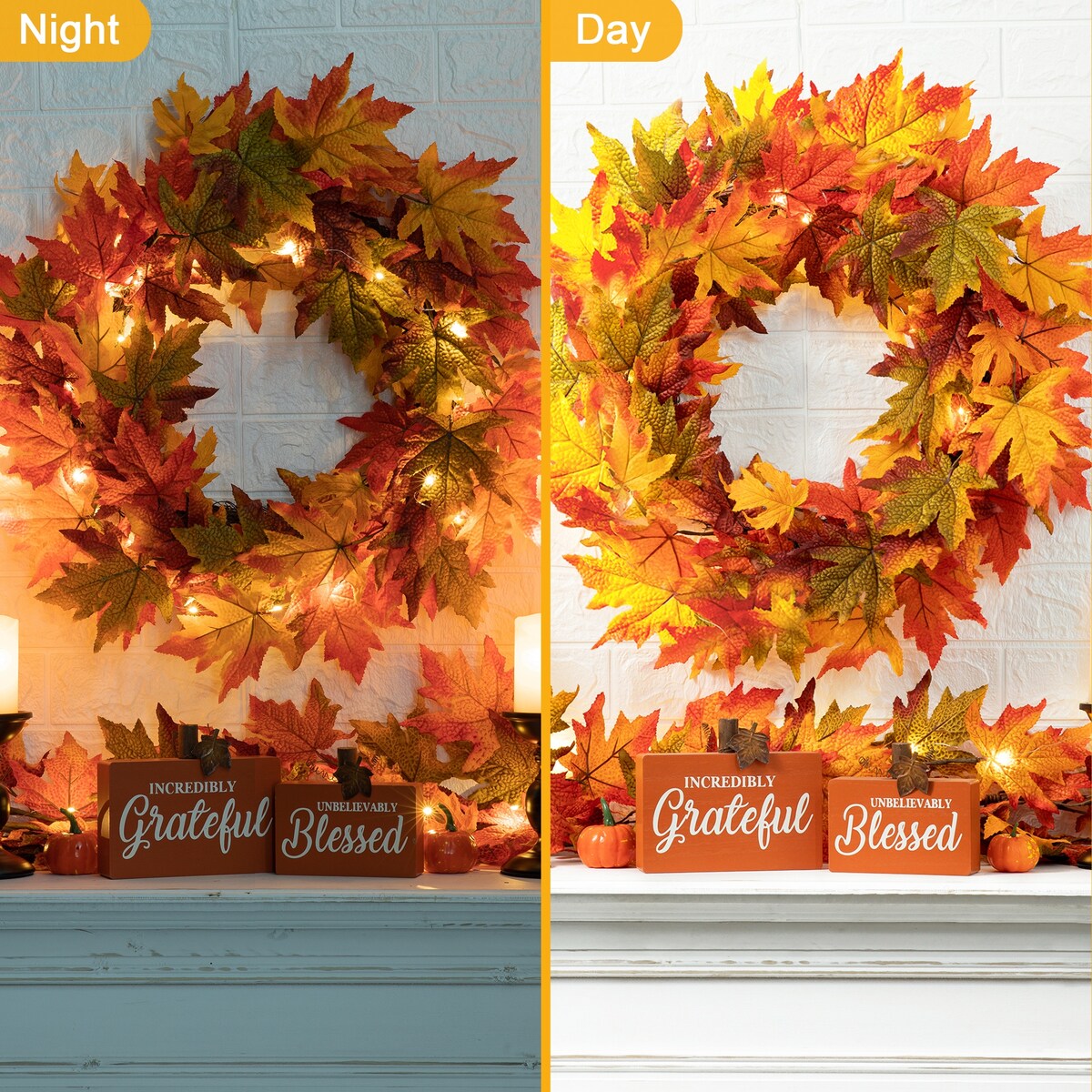 Glitzhome Thanksgiving LED Lighted Fall Maple Leaves Wreath & Garland