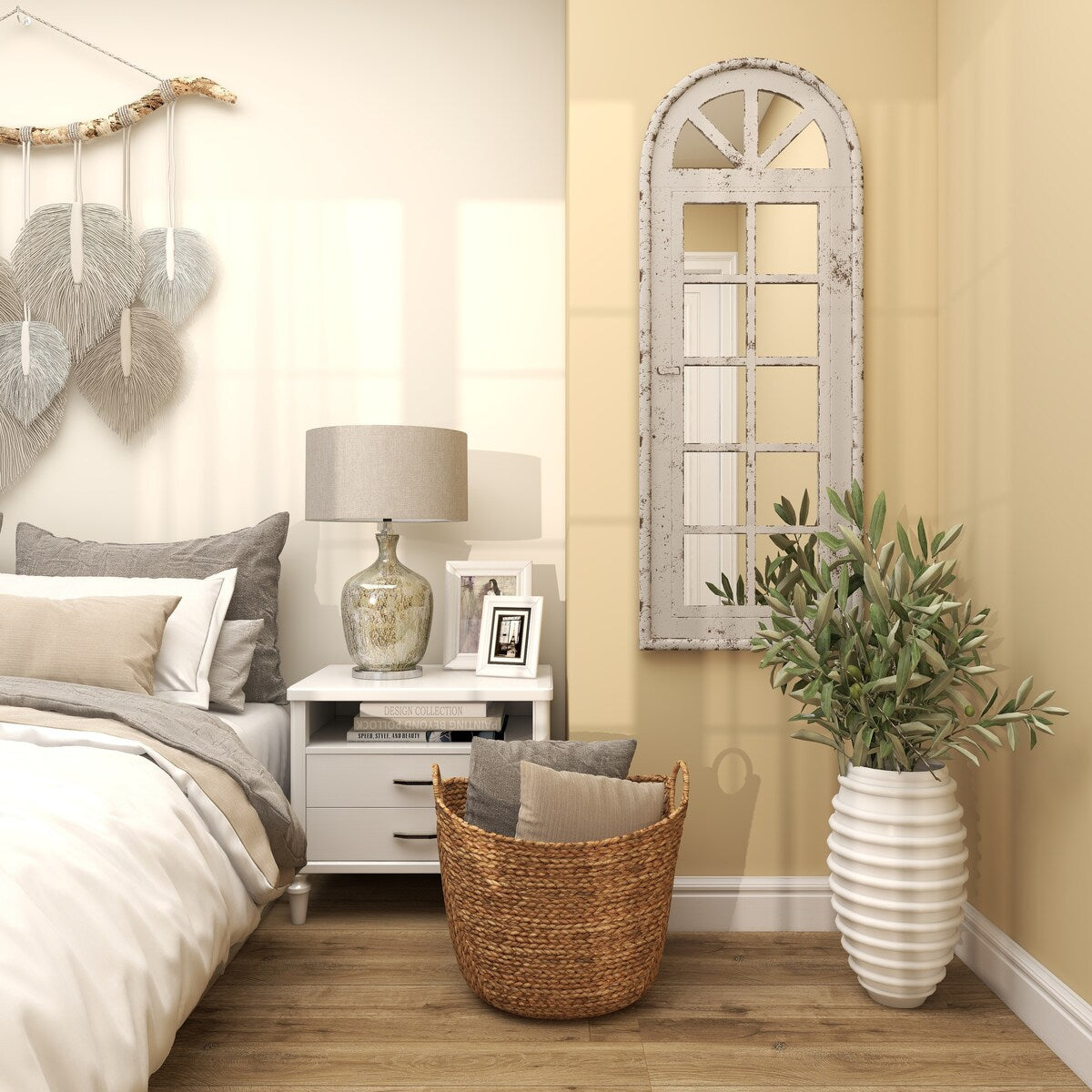 Wooden Window Pane Inspired Room Wall Mirror with Arched Top and Distressing - White - Roche River Decor