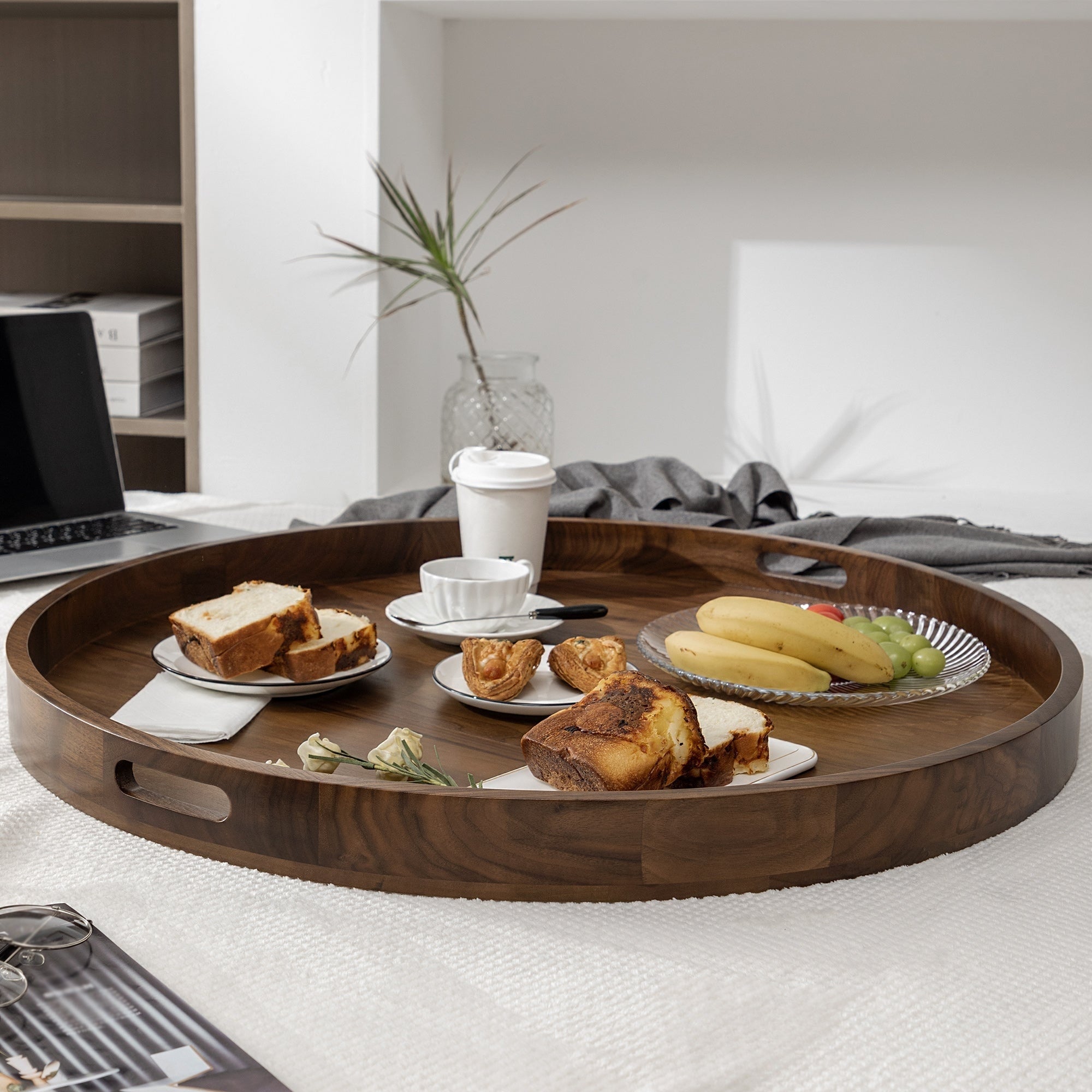 Round Black Walnut Wood Serving Tray Ottoman Tray with Handles