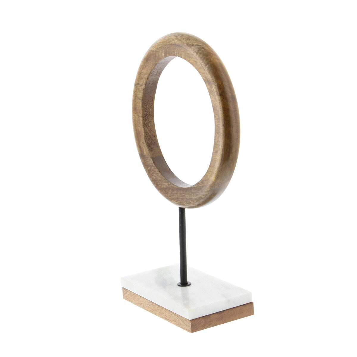 Mango Wood Geometric Circle Decorative Sculpture with Marble Stand - Brown - Roche River Decor