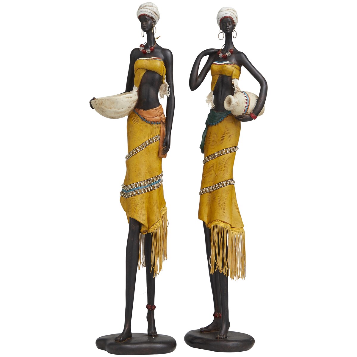 Polystone People Handmade African Woman Decorative Sculpture with Jeweled Details - Set of 2 Yellow - Roche River Decor