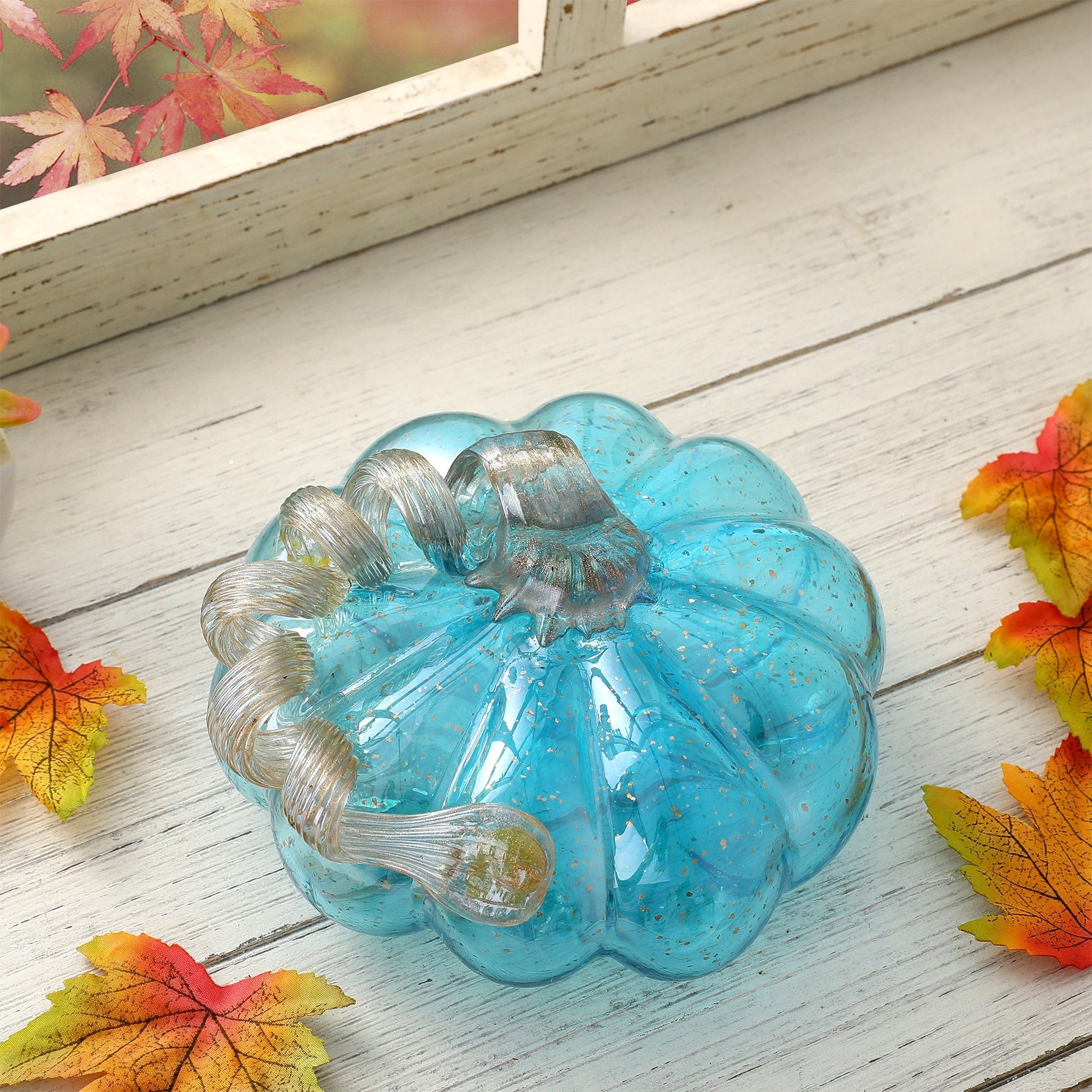 Glitzhome Hand Blown Blue Glass Pumpkin Thanksgiving Table Decor Christmas Gifts