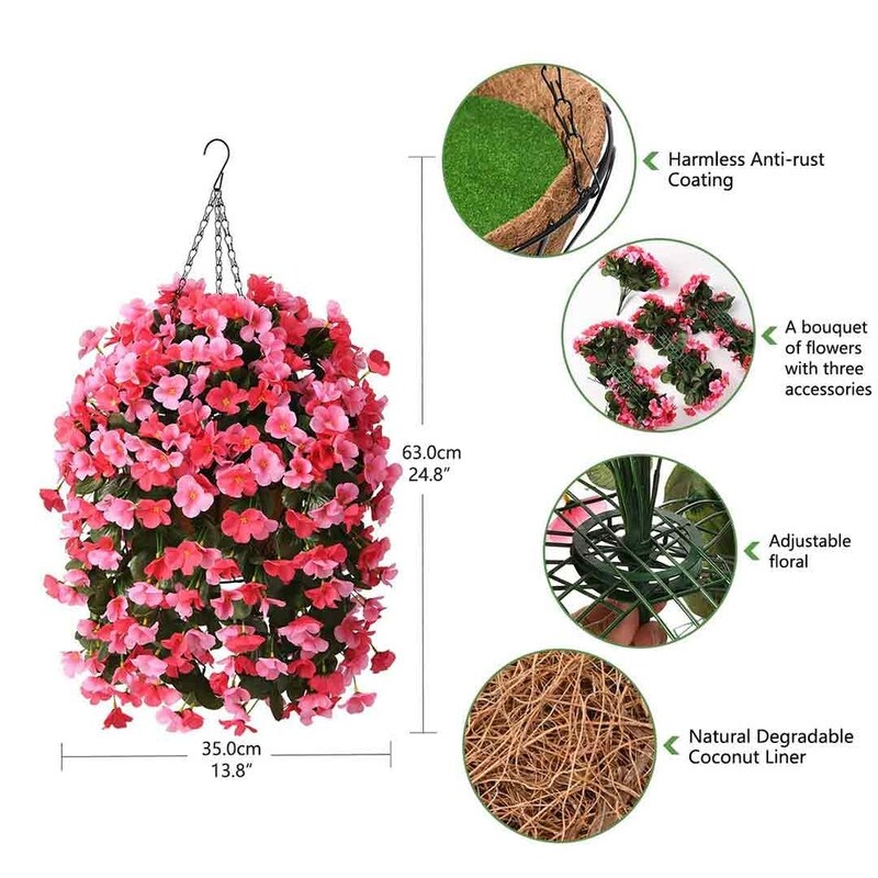 Artificial Plant Hanging Basket, 15.7' x 15.7' x 21.6', Blue, 4pcs Begonias Silk Flowers, for Patio Garden Decor