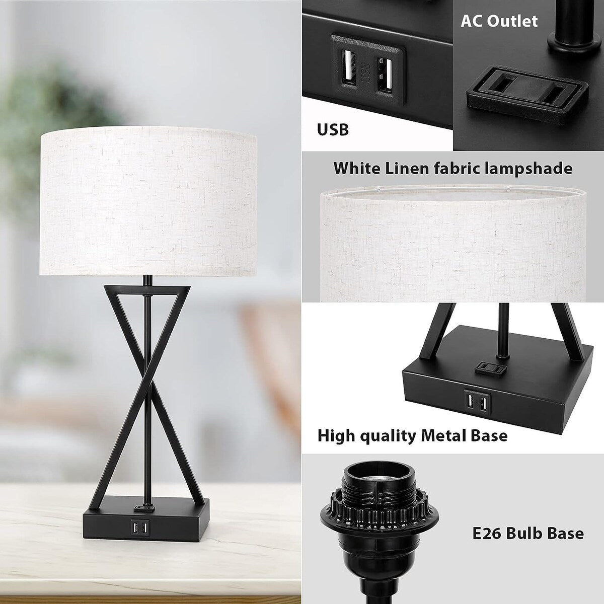 Set of 2 Table Lamps with Dual USB Ports and AC Outlet, 3-Way Dimmable - 2PCS