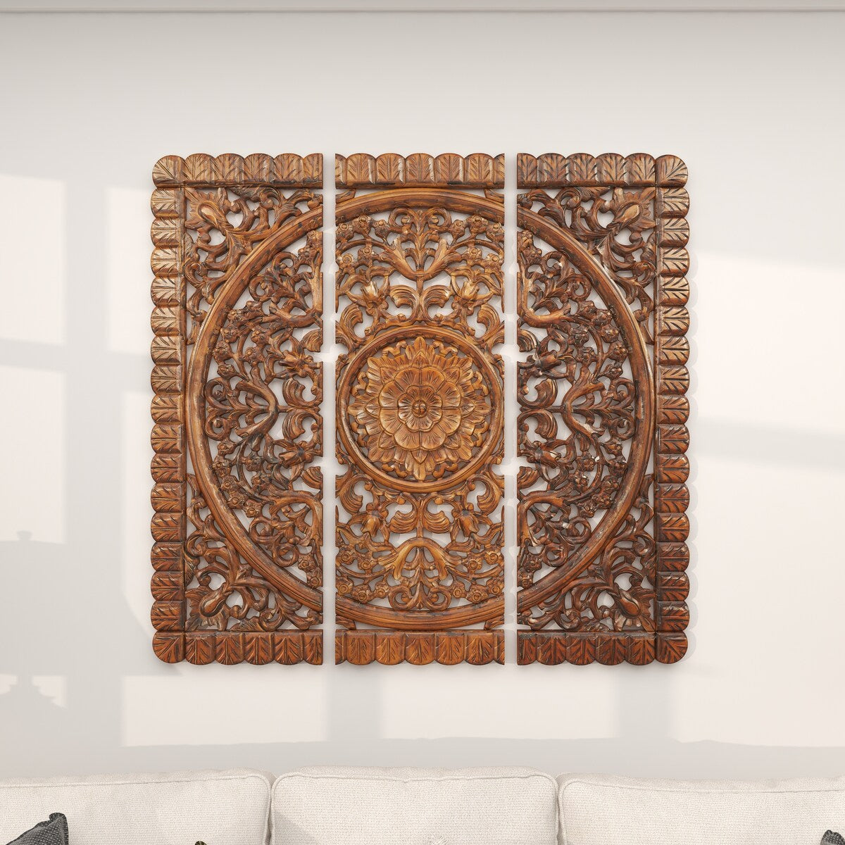 Wooden Floral Handmade Intricately Carved Mandala Panel Home Wall Decor - Set of 3 Brown - Roche River Decor