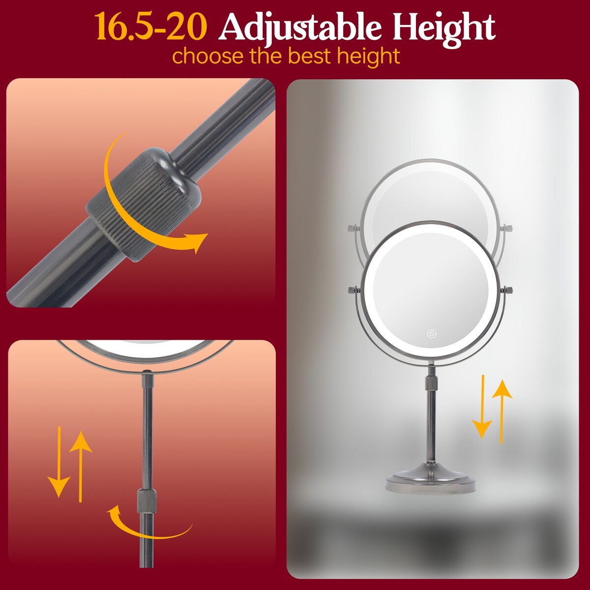 9 Rechargeable Lighted Makeup Mirror, Vanity Mirror with 1X/10x Magnification, Height Adjustable 3-Lighting Modes Dimmable