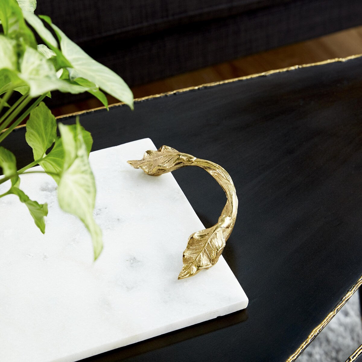 Marble Oval or Rectangle Living Room Decor Tray with Gold Leaf Handles - White or Black - Roche River Decor