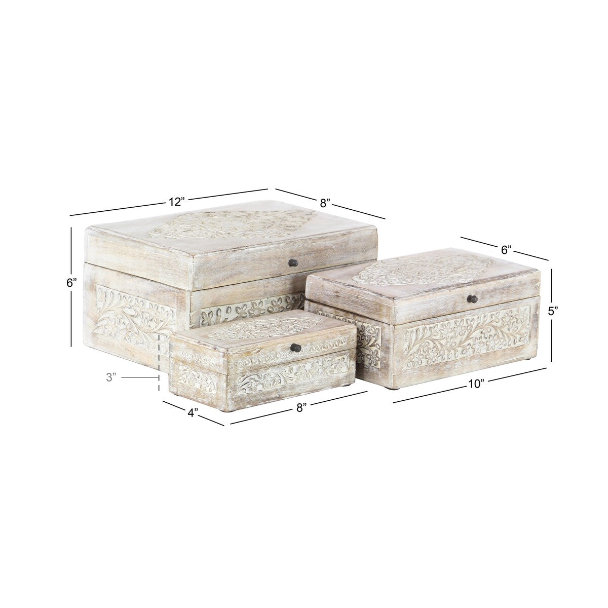 Mango Wood Floral Decorative Box with Hinged Lid - Set of 3 Cream - Roche River Decor