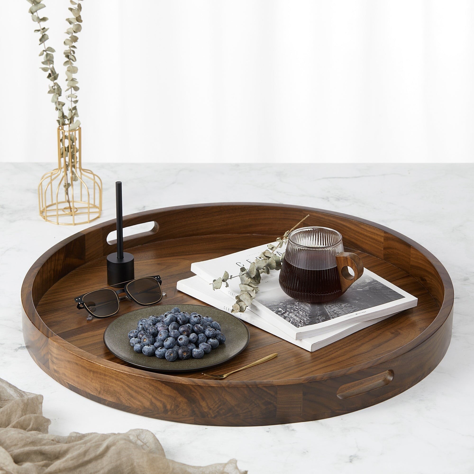 Round Black Walnut Wood Serving Tray Ottoman Tray with Handles