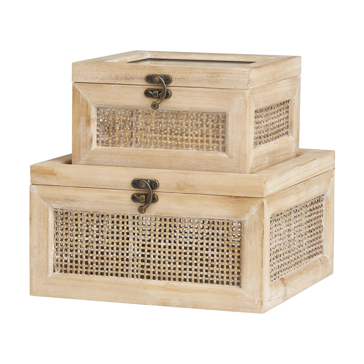 Wood Glass Top Decorative Box with Rattan Side Panels and Bronze Hook Closures - Set of 2 Light Brown - The Novogratz