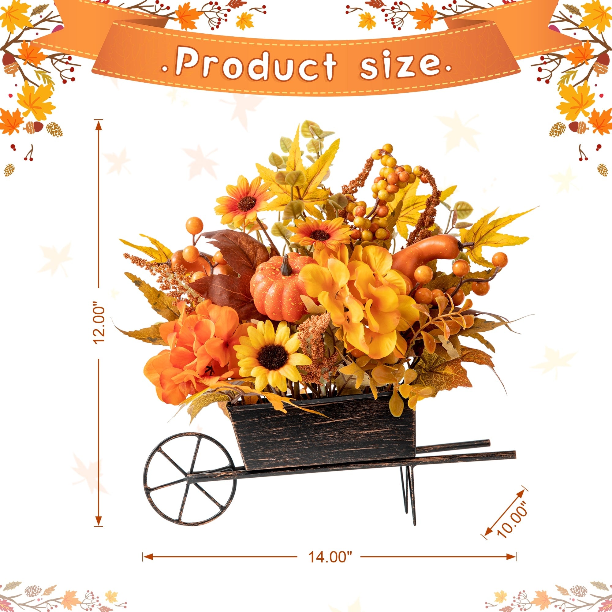 Glitzhome 14L Fall Unique Floral Cart Centerpiece Thanksgiving Table Decor