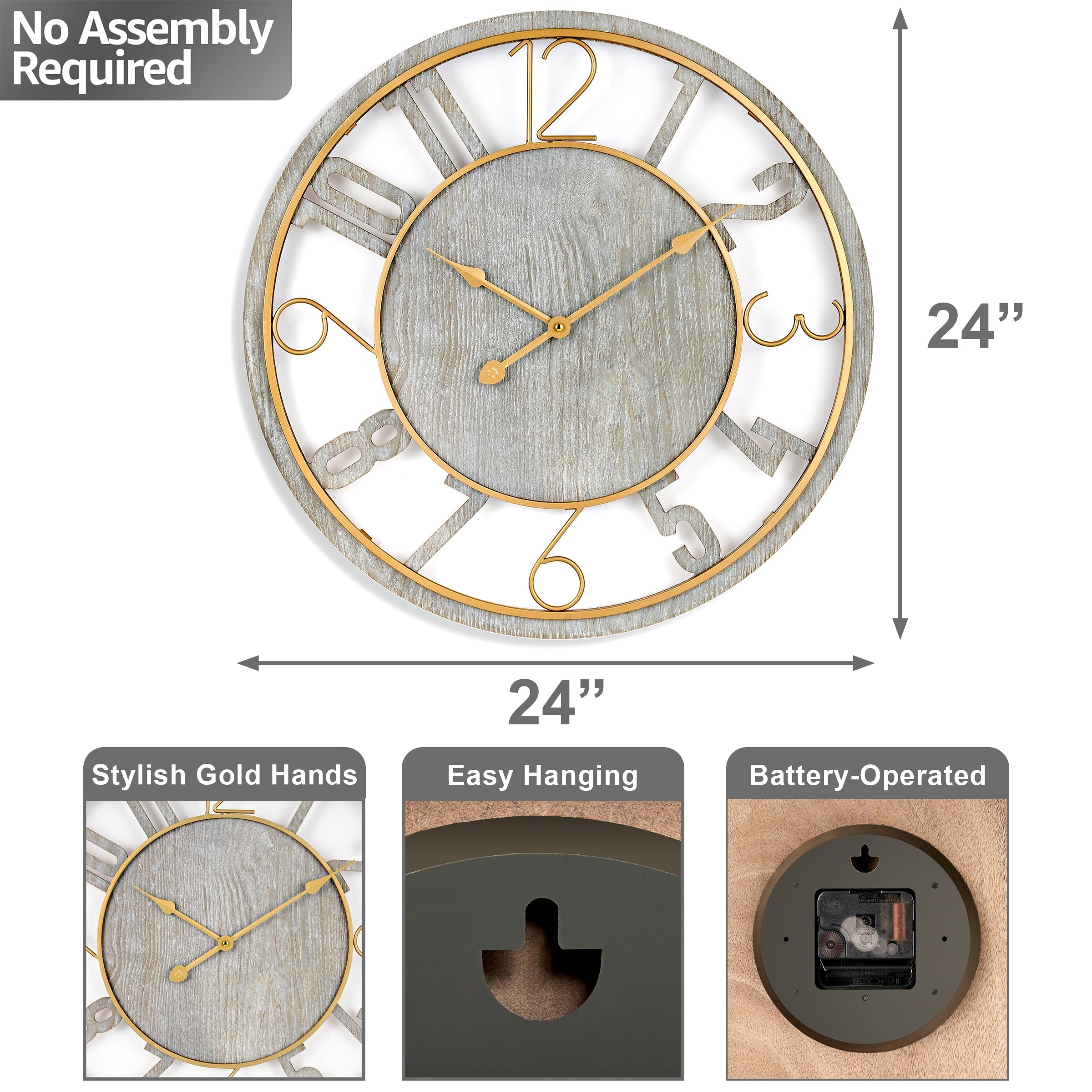 Sorbus Large 24 Decorative Round Wooden Analog Modern Wall Clock Battery Operated With Numeral Style Design