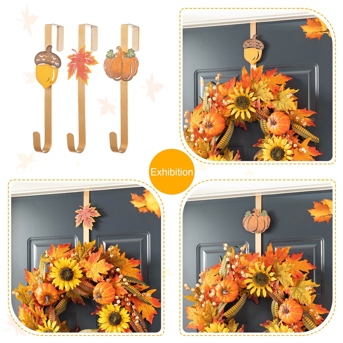 Glitzhome Set of 3 Fall Metal Glitter Acorn Leaf Pumpkin Wreath Hangers for Thanksgiving