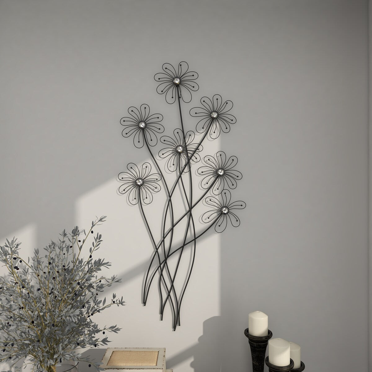 Metal Floral 3D Wire Home Wall Decor with Crystal Embellishments - Black - Roche River Decor