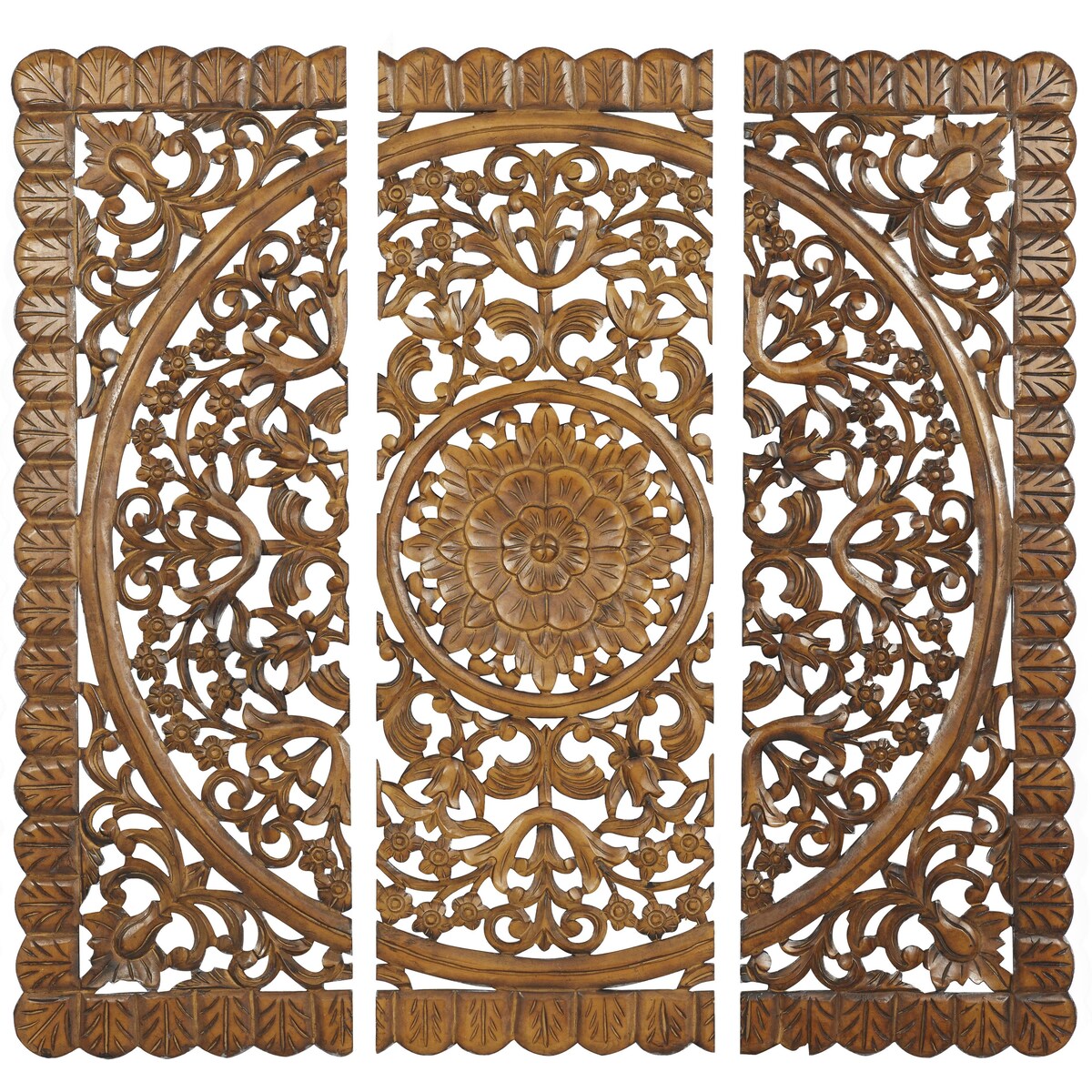 Wooden Floral Handmade Intricately Carved Mandala Panel Home Wall Decor - Set of 3 Brown - Roche River Decor