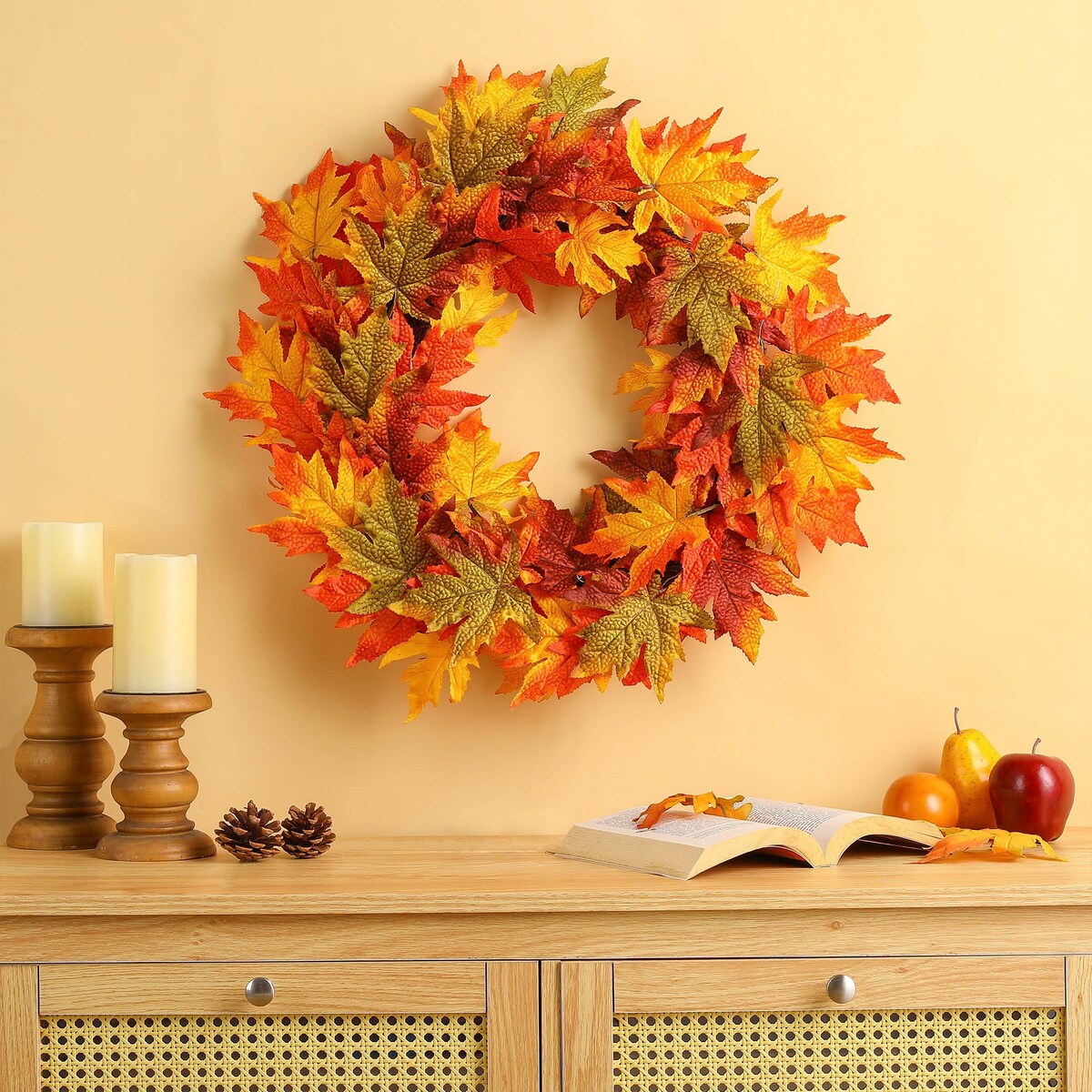 Glitzhome Thanksgiving LED Lighted Fall Maple Leaves Wreath & Garland