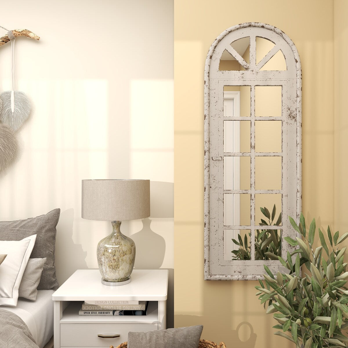 Wooden Window Pane Inspired Room Wall Mirror with Arched Top and Distressing - White - Roche River Decor