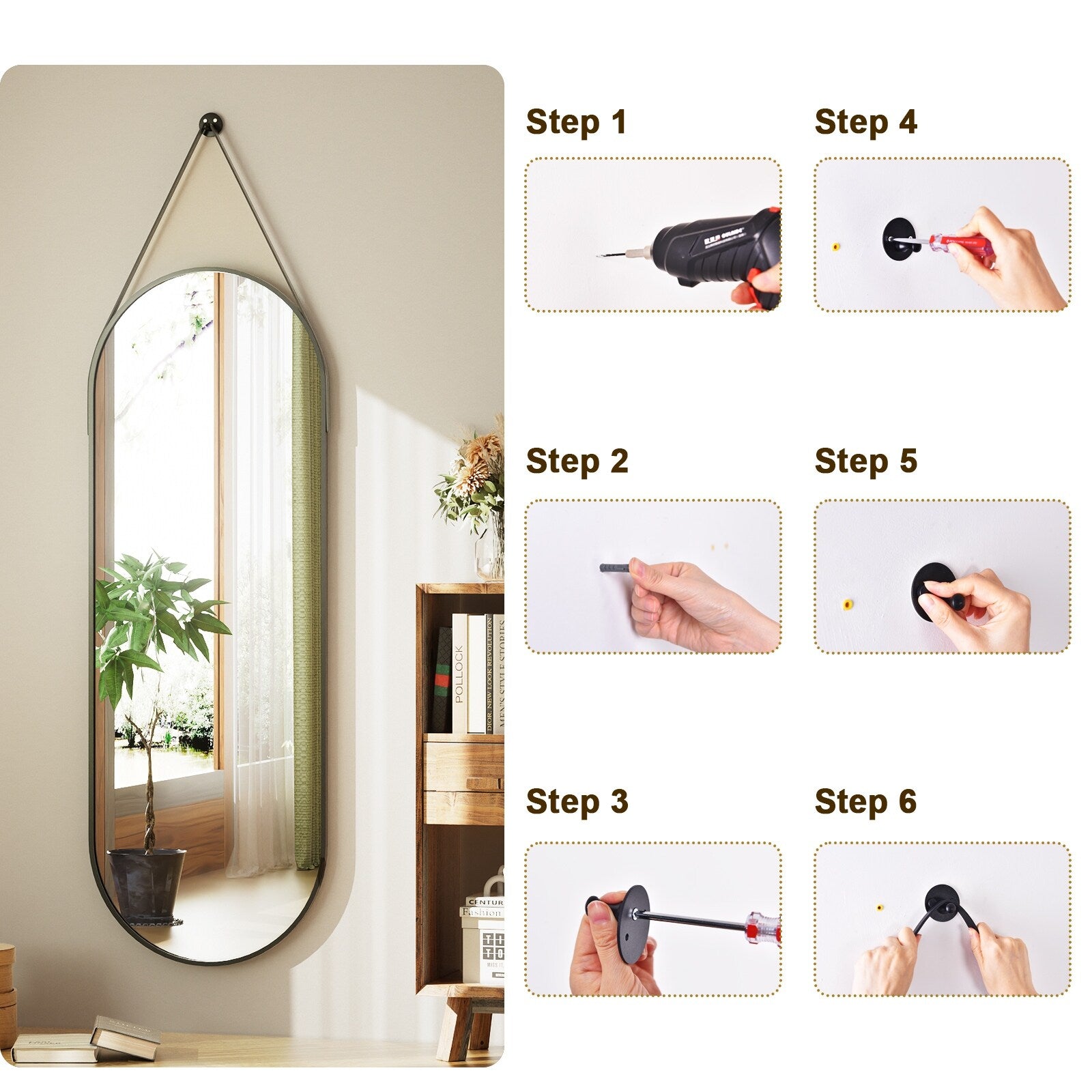 48 x 16 Full Length Hanging Wall Mirror with Leather Strap