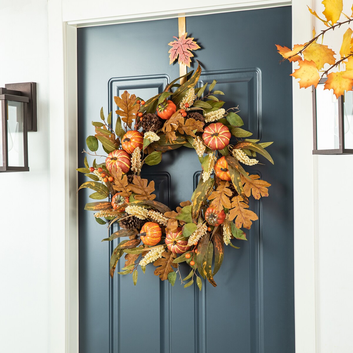 Glitzhome Fall Pumpkin Leaf Pine Cones Floral Swag Wreath