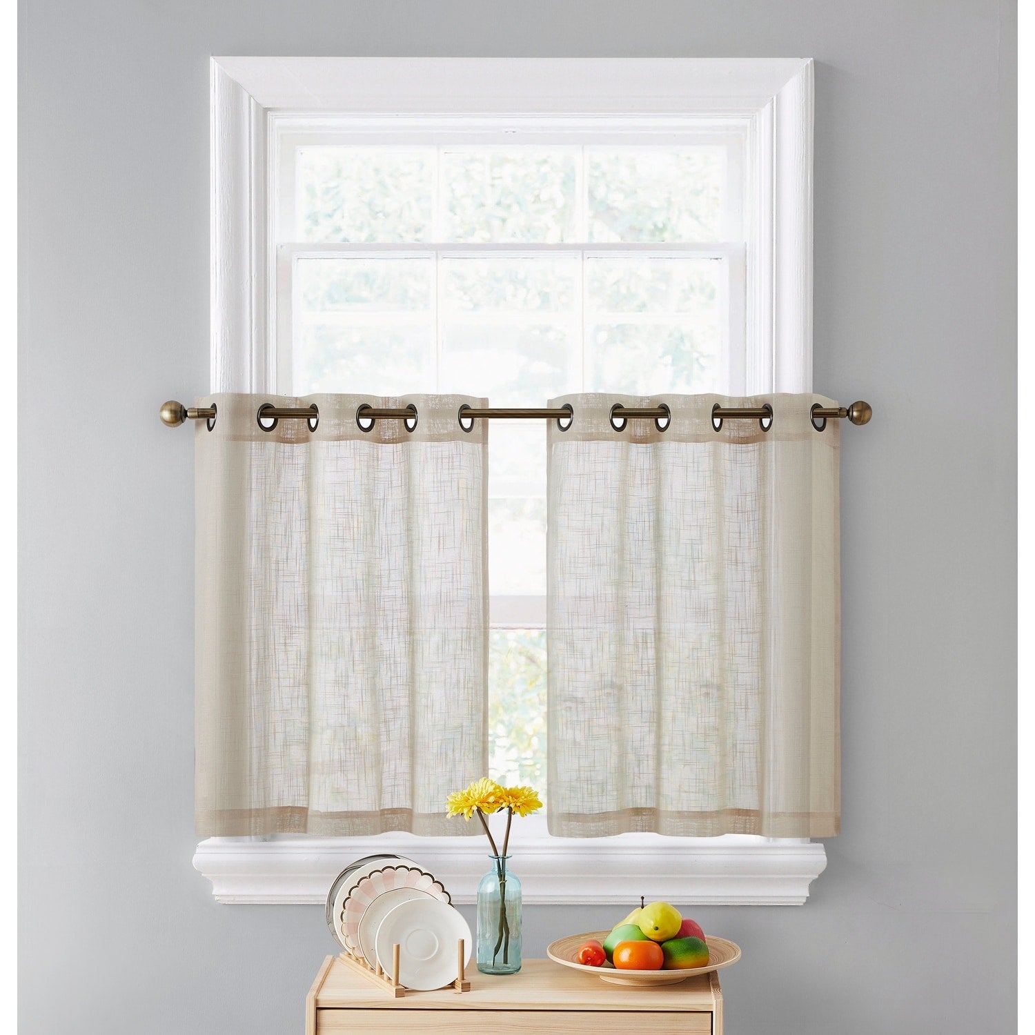 HLC.me Abbey Faux Linen Textured Semi Sheer Grommet Curtain Tiers Valance Small Windows, Bedroom & Bathroom