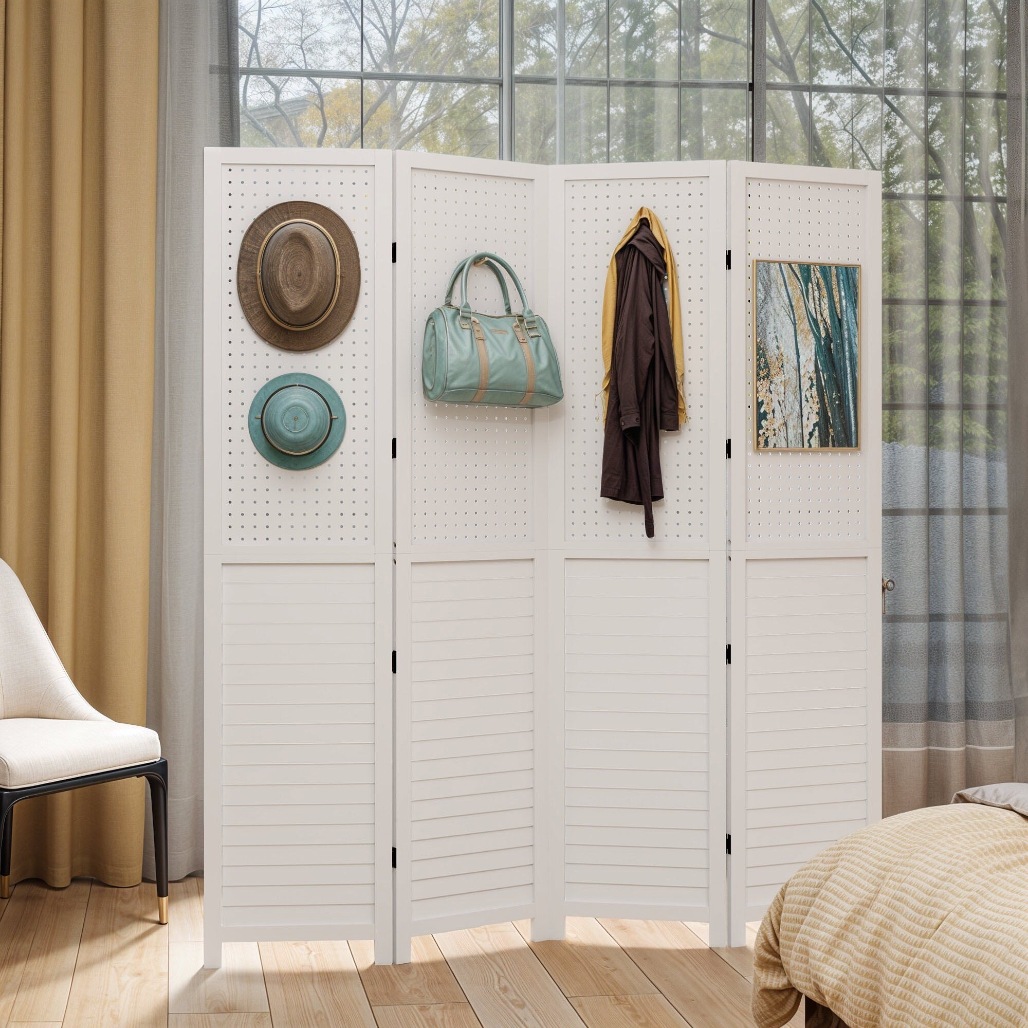 Moasis 67 White 4-Panel Wood Room Screen Divider